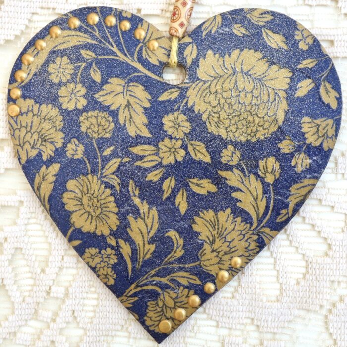 Decoupaged Wooden Heart Plaque - Golden Flowers