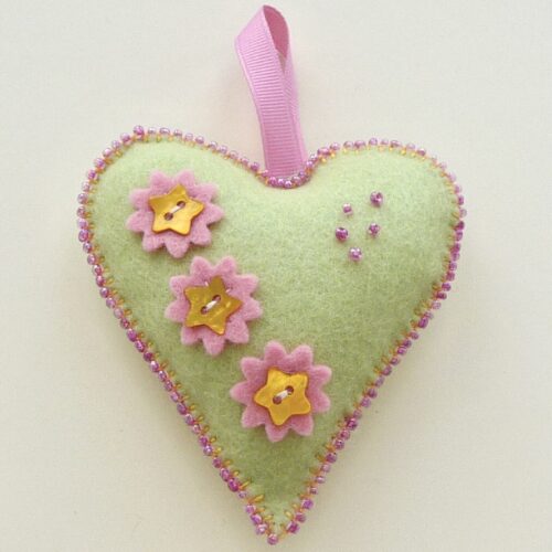 Felt Heart Beaded Ornament - Green with Star Flowers