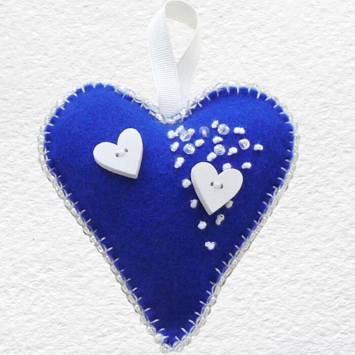 Beaded Felt Heart - Blue & White