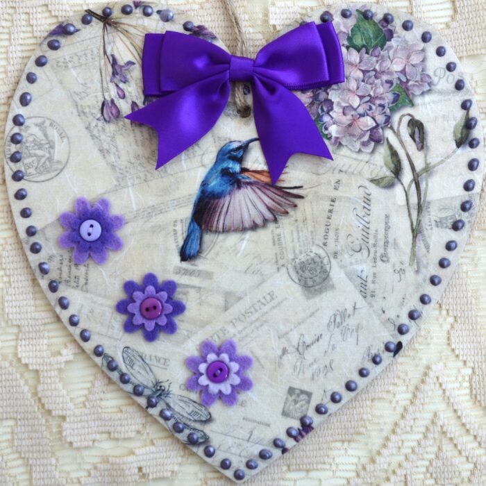 Purple Flowers, Wooden Hanging Heart 20cm