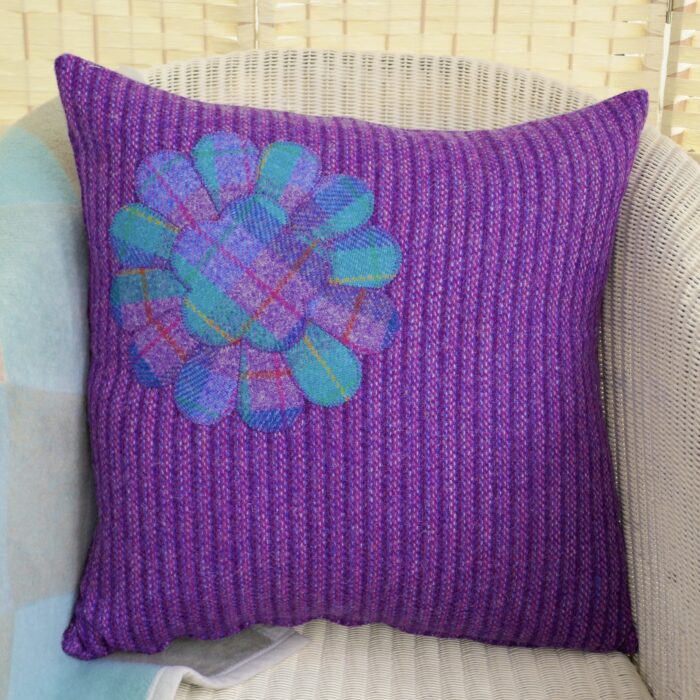 Harris Tweed Cushion 48cm, Purple Appliqué Flower