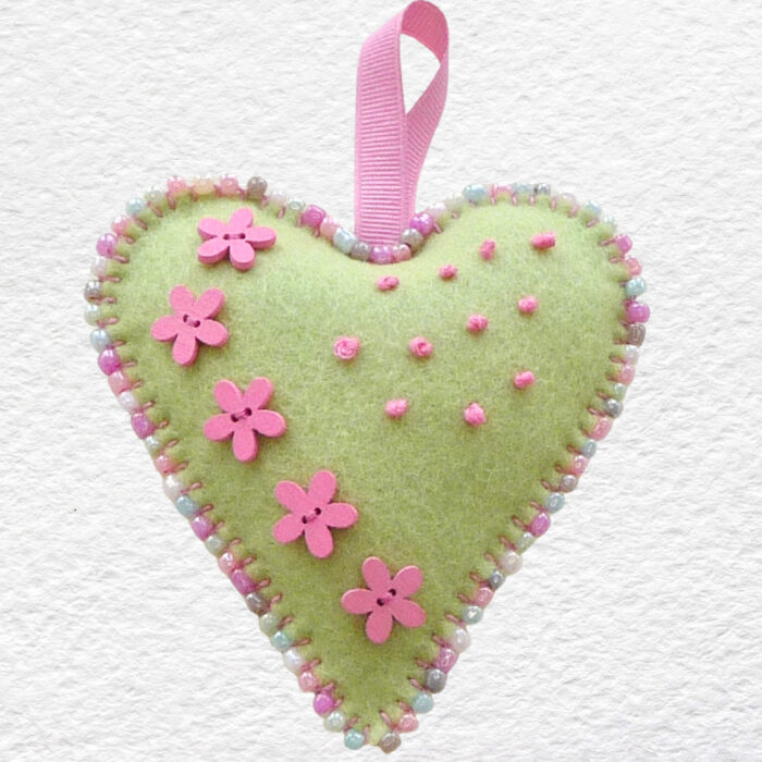 Beaded Felt Heart - Green with Flower Buttons