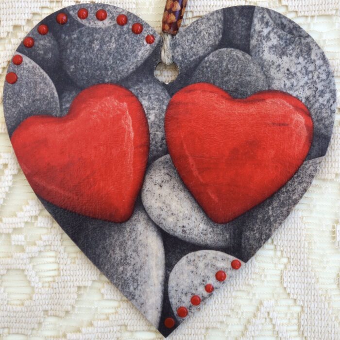 Decoupaged Wooden Heart Plaque - Pebbles & Hearts