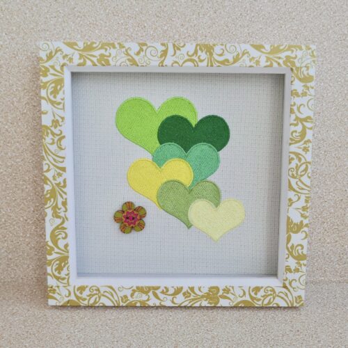 Embroidered Green Hearts Box Frame Picture 19cm