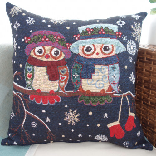 Tapestry Cushion 46cm - Winter Owls / plain reverse