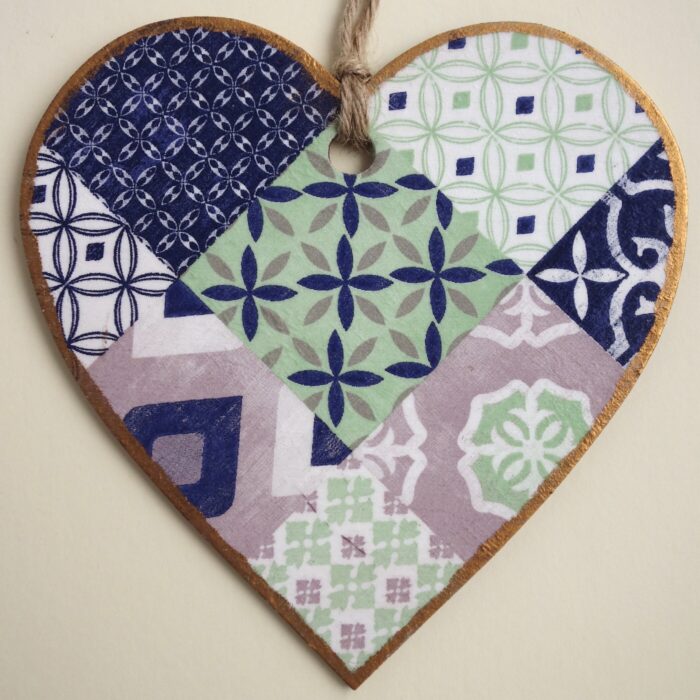 Patterned Diamond, Wooden Hanging Heart 15cm