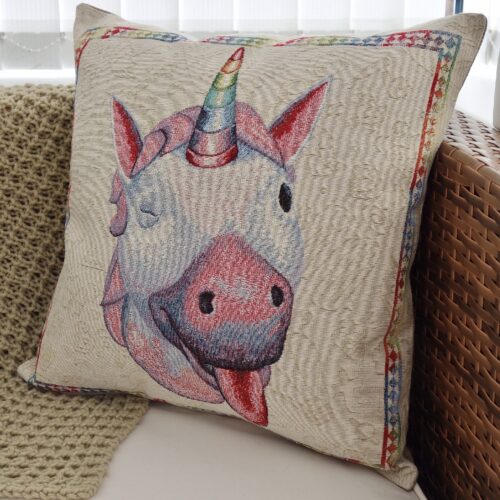 Tapestry Cushion 43cm - Winking Unicorn / plain reverse