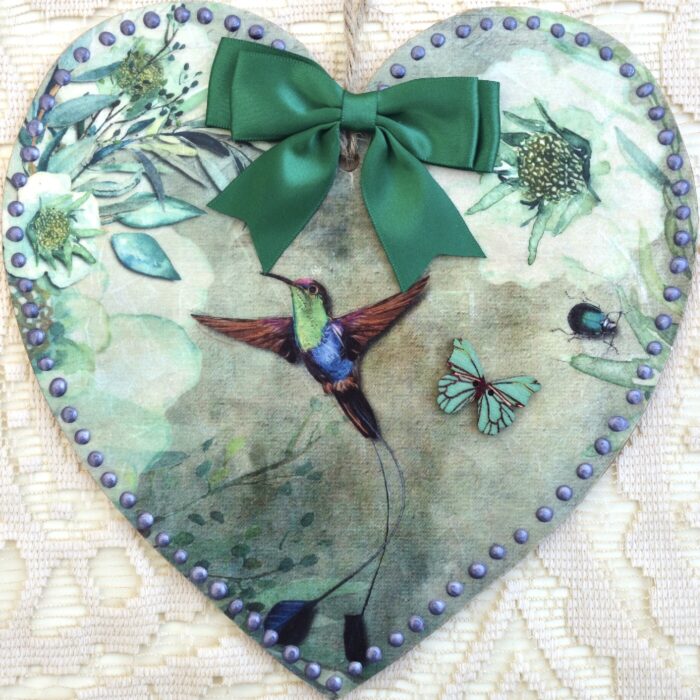 Bird & Butterfly, Wooden Hanging Heart 20cm