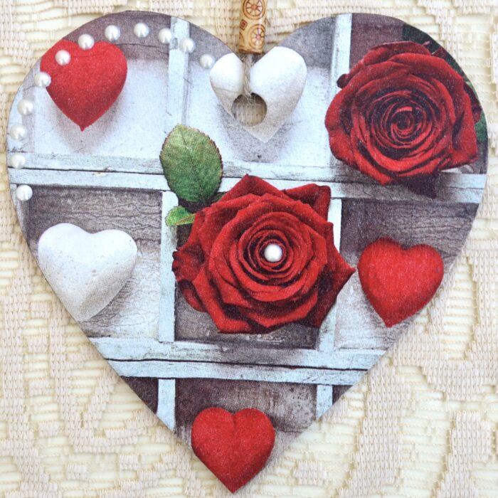 Decoupaged Wooden Heart Plaque - Roses & Hearts