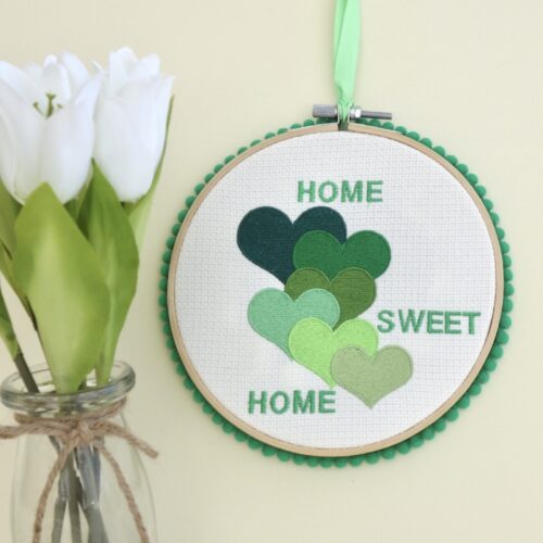 Embroidered Hoop, Green Hearts