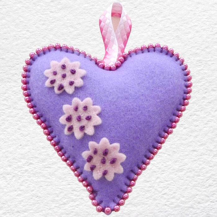 Beaded Felt Heart - Purple with Pink Flowers