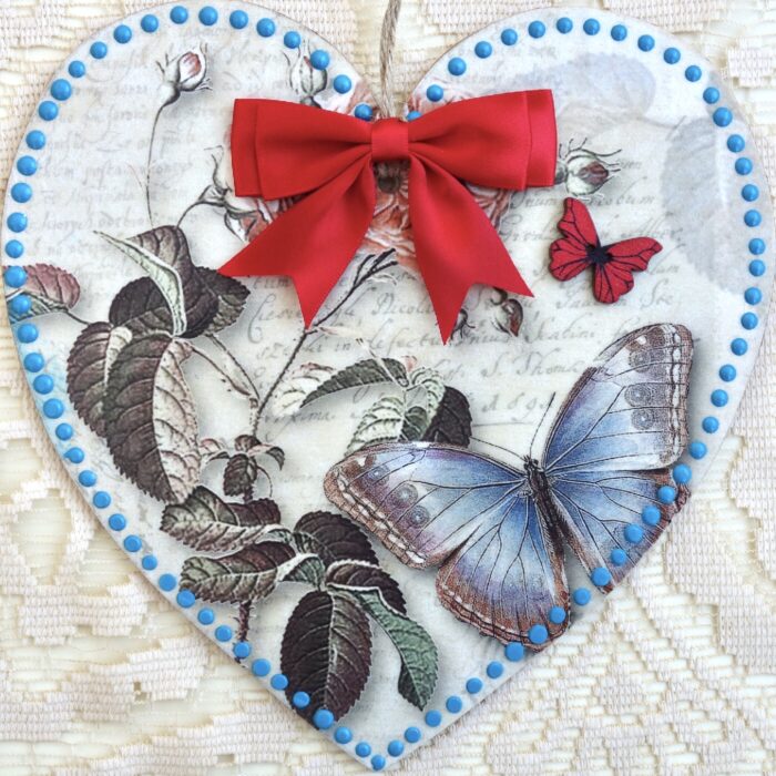 Blue Butterfly, Wooden Hanging Heart 20cm