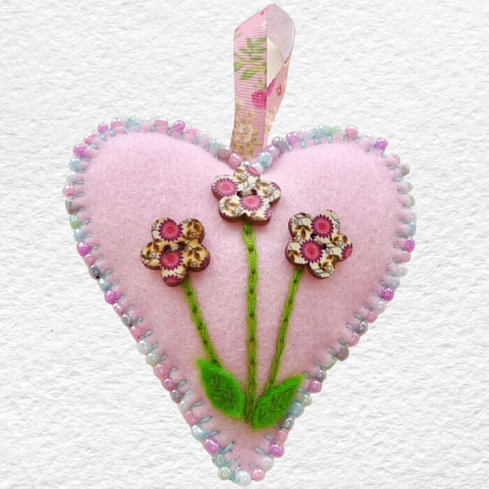 Beaded Felt Heart - Floral Button Flowers