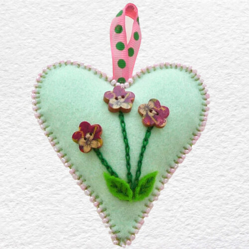 Felt Heart Beaded Ornament - Green with Pink Flowers