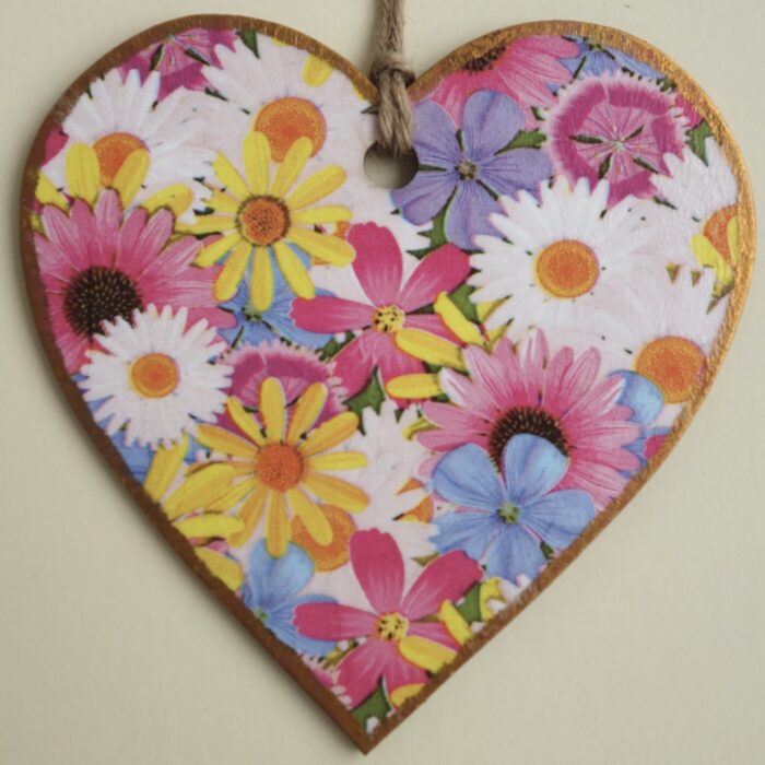 Decoupaged Wooden Heart Plaque - Bright Flower
