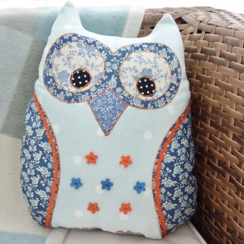 Blue Spot Owl Appliqué Cushion