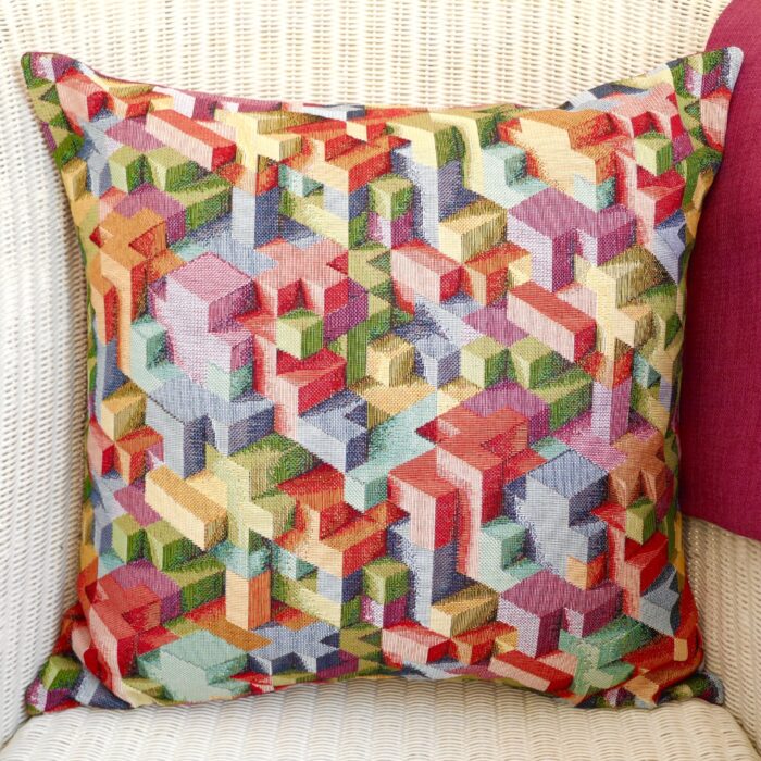 Decorative Throw Pillow 43cm - Tapestry Blocks / Pink reverse