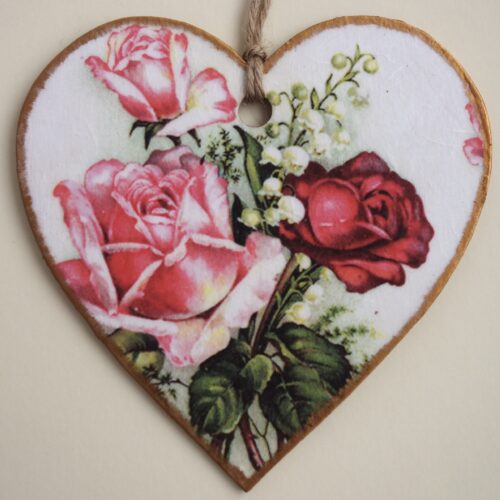 Pink & Red Rose, Wooden Hanging Heart 15cm