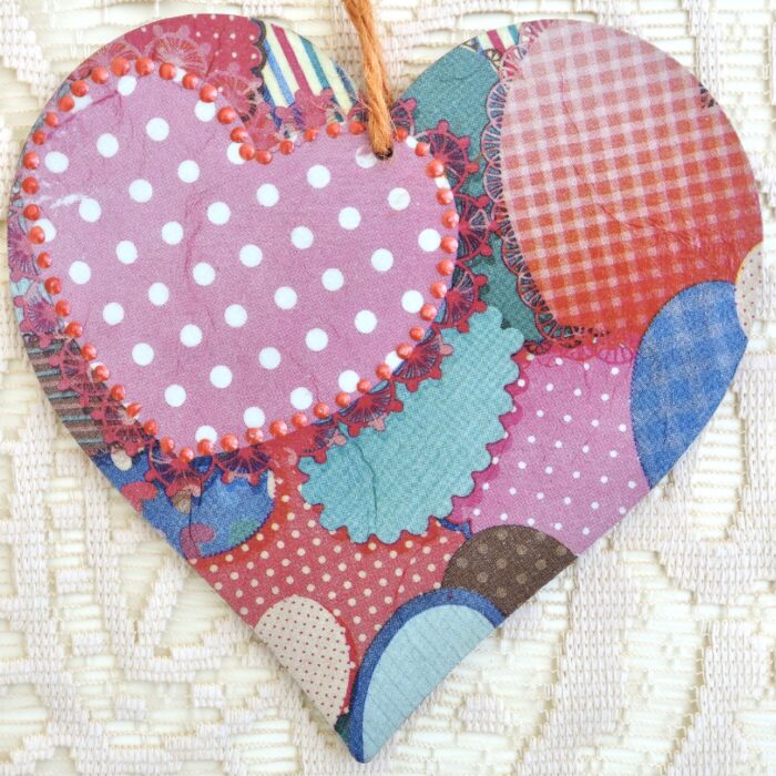 Patchwork Hearts Wooden Heart