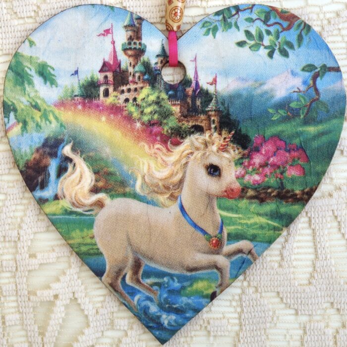Decoupaged Wooden Heart Plaque - Unicorn & Castle