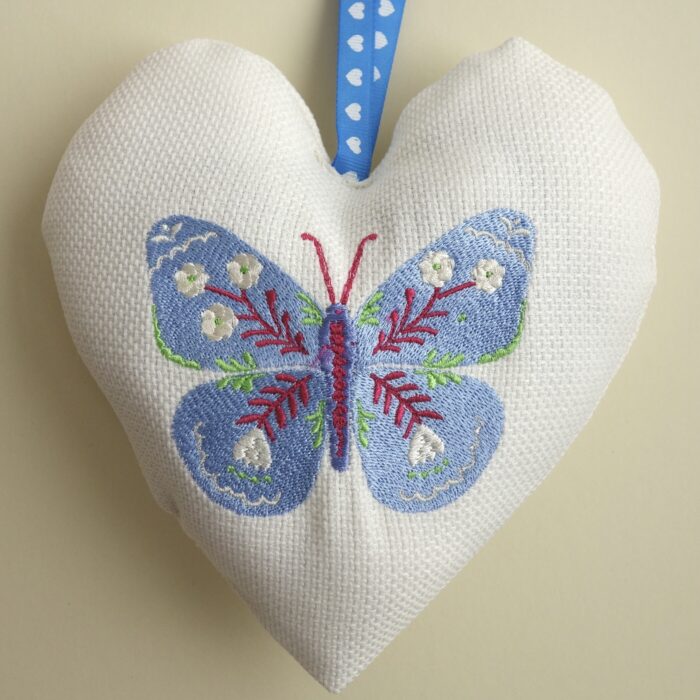 Embroidered Lavender Heart - Blue Butterfly