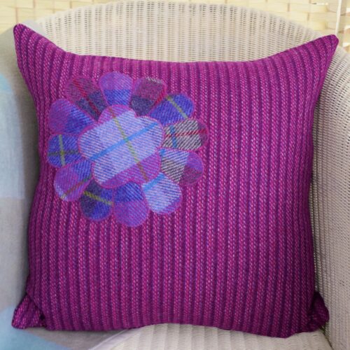 Harris Tweed Throw Pillow 48cm - Pink Appliqué Flower