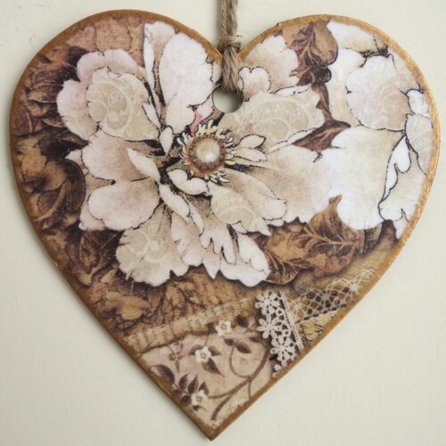 Beige Flower, Wooden Hanging Heart 15cm