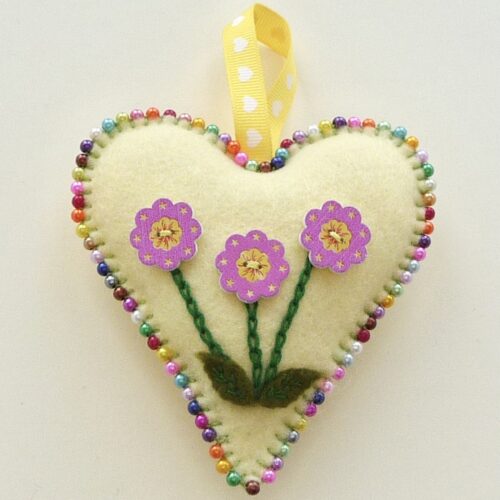 Felt Ornament Beaded Heart - Yellow with Pink Flowers