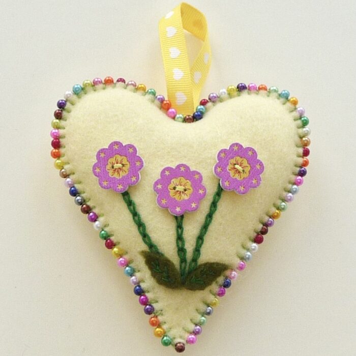 Beaded Felt Heart - Yellow with Pink Flowers