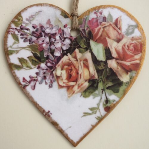 Peach Rose, Wooden Hanging Heart 15cm