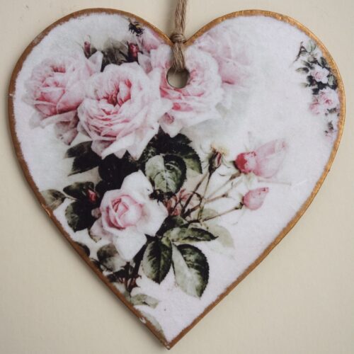 Pale Pink Rose, Wooden Hanging Heart 15cm