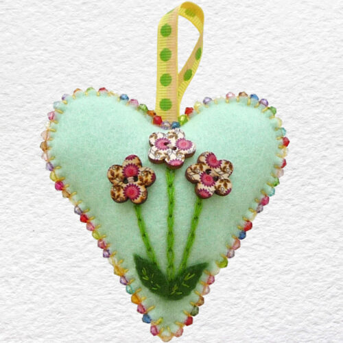 Beaded Felt Heart - Green with Pink Flowers