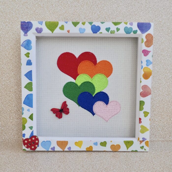 Embroidered Rainbow Hearts Box Frame Picture 19cm