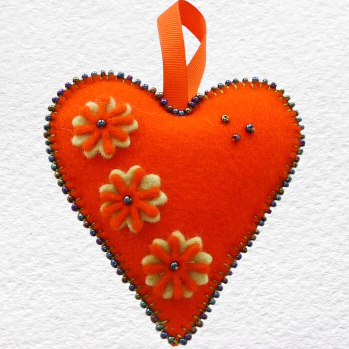 Beaded Felt Heart - Orange with Orange Flowers