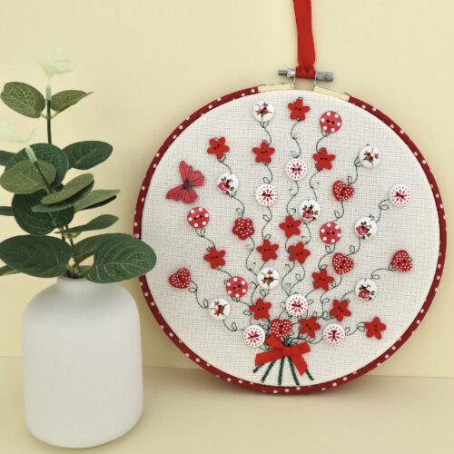 Embroidery Hoop Art 20cm, Red Button Bouquet