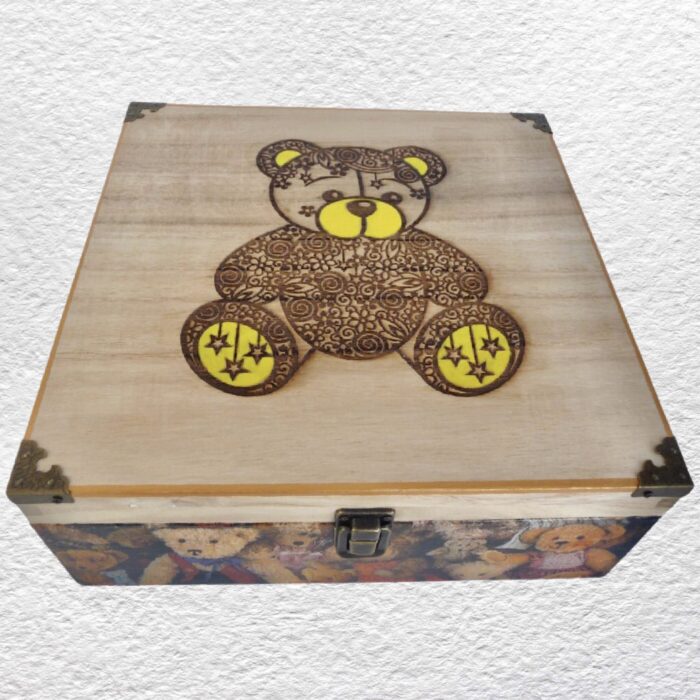 Decorated Wooden Box 28cm - Teddy Bear