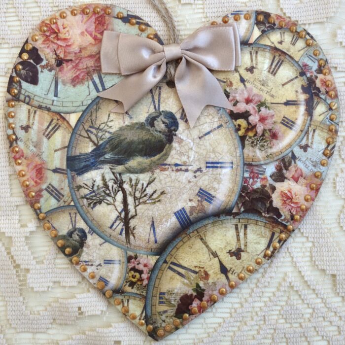 Decoupaged Wooden Heart Plaque - Clocks
