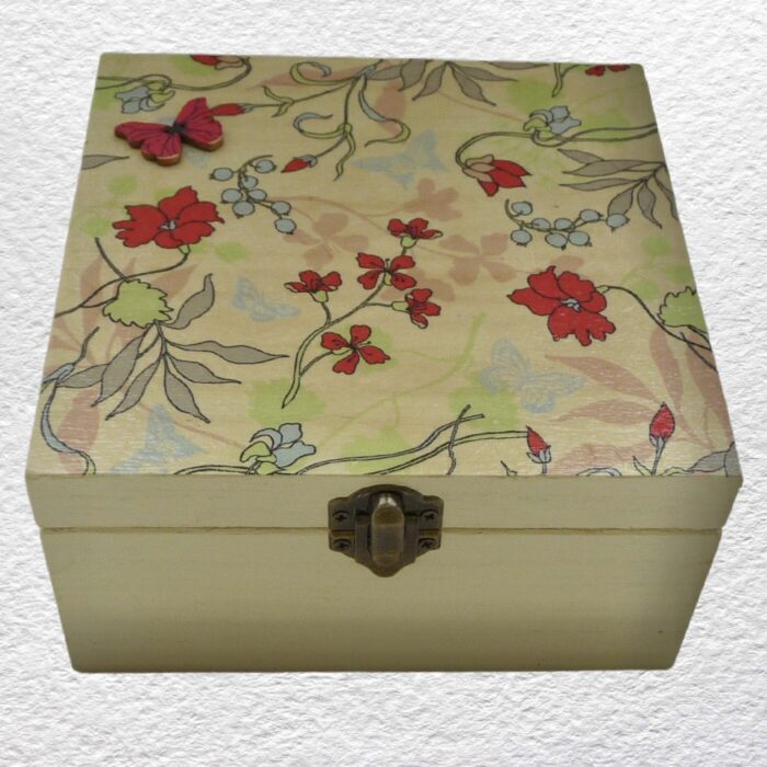 Decorated Wooden Box 16cm - Cream Floral
