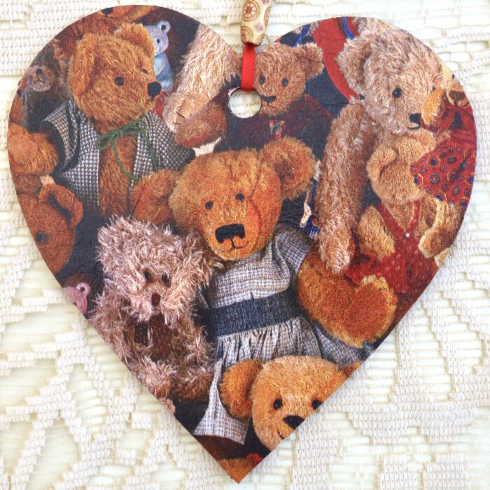Decoupaged Wooden Heart Plaque - Teddy Bear