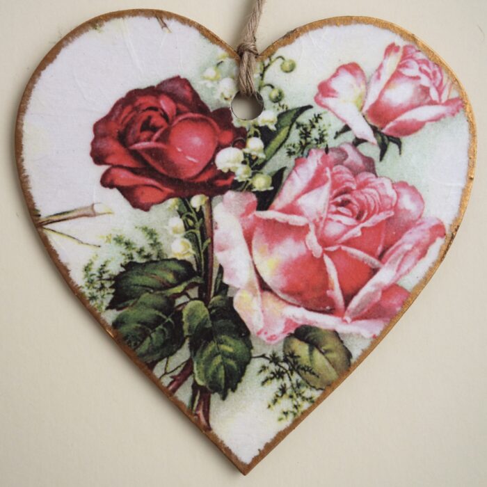 Red & Pink Rose, Wooden Hanging Heart 15cm