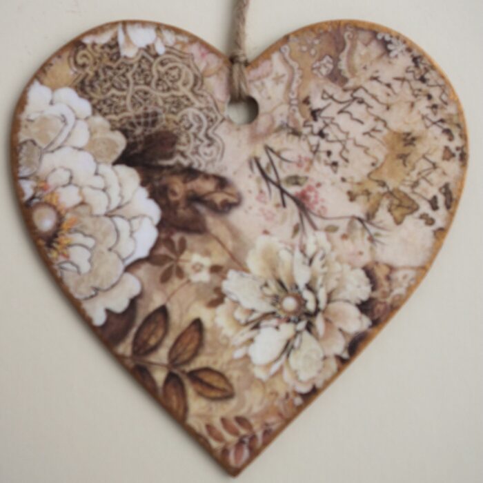 Decoupaged Wooden Heart Plaque - Cream Flowers