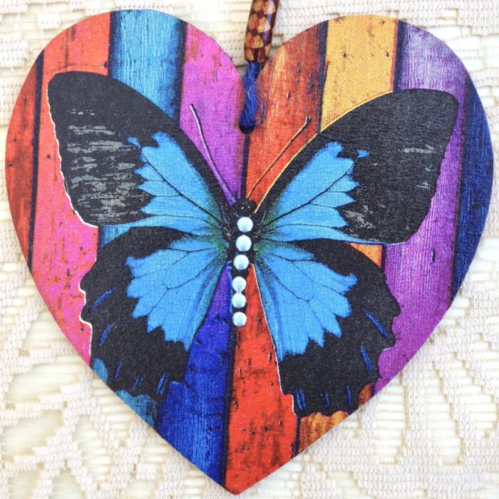 Blue Butterfly, Wooden Hanging Heart 15cm