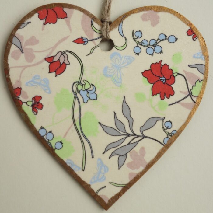Decoupaged Wooden Hanging Heart - Red Flower