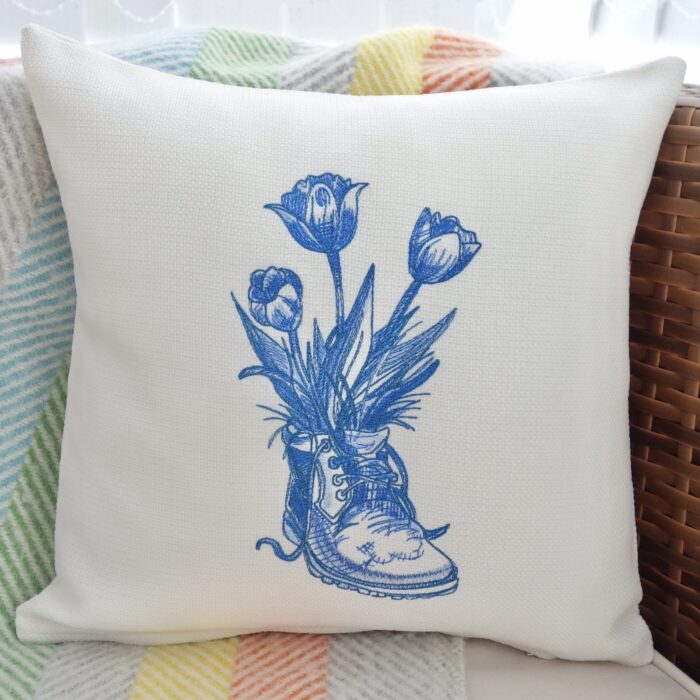 Old Boot & Flowers Embroidered Cushion