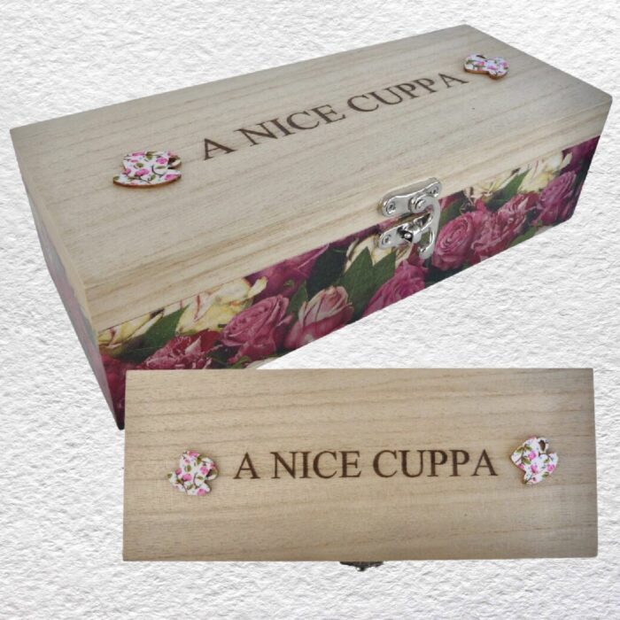 Decorated Wooden Box 23.5cm - Tea Box, Nice Cuppa