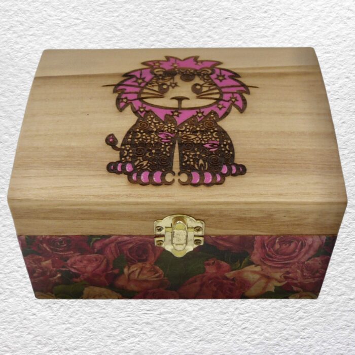 Decorated Wooden Box, Lion - 17cm Trinket Box