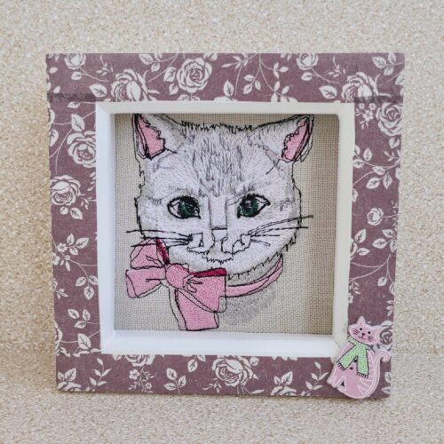 Embroidered Pink Cat Box Frame Picture 13cm