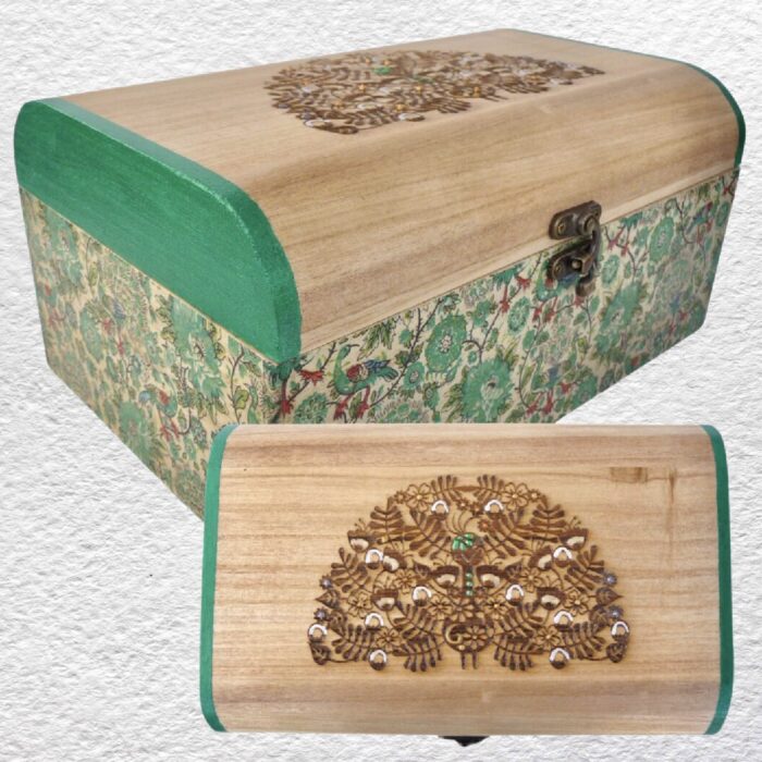 Decorated Wooden Box 25cm - Peacock