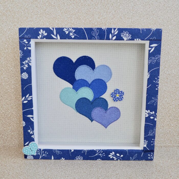 Embroidered Blue Hearts Box Frame Picture 19cm