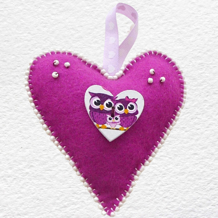 Beaded Felt Heart - Purple with Owl Button